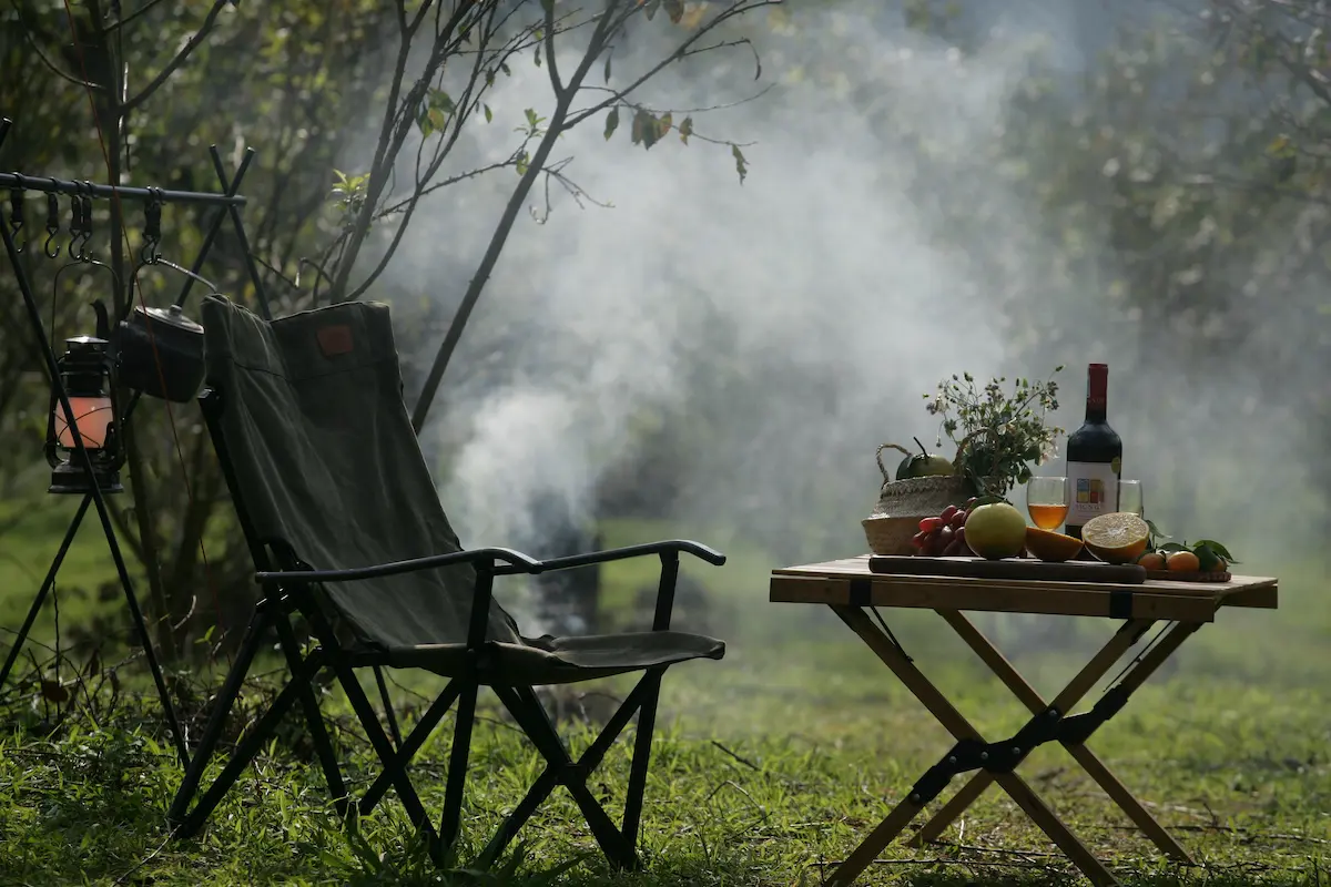 A scene of a picnic in the mist. Calm, and mysterious.